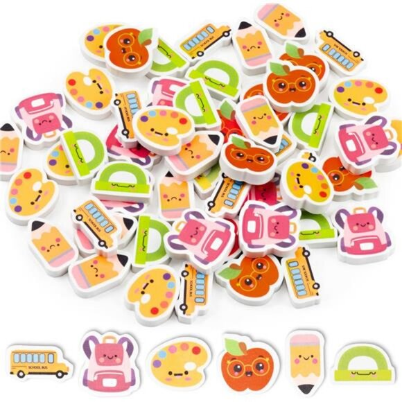 60 Pieces‎ Assorted Cute Bulk School Bus Apple Collection Mini Erasers for Kids - Picture 1 of 6